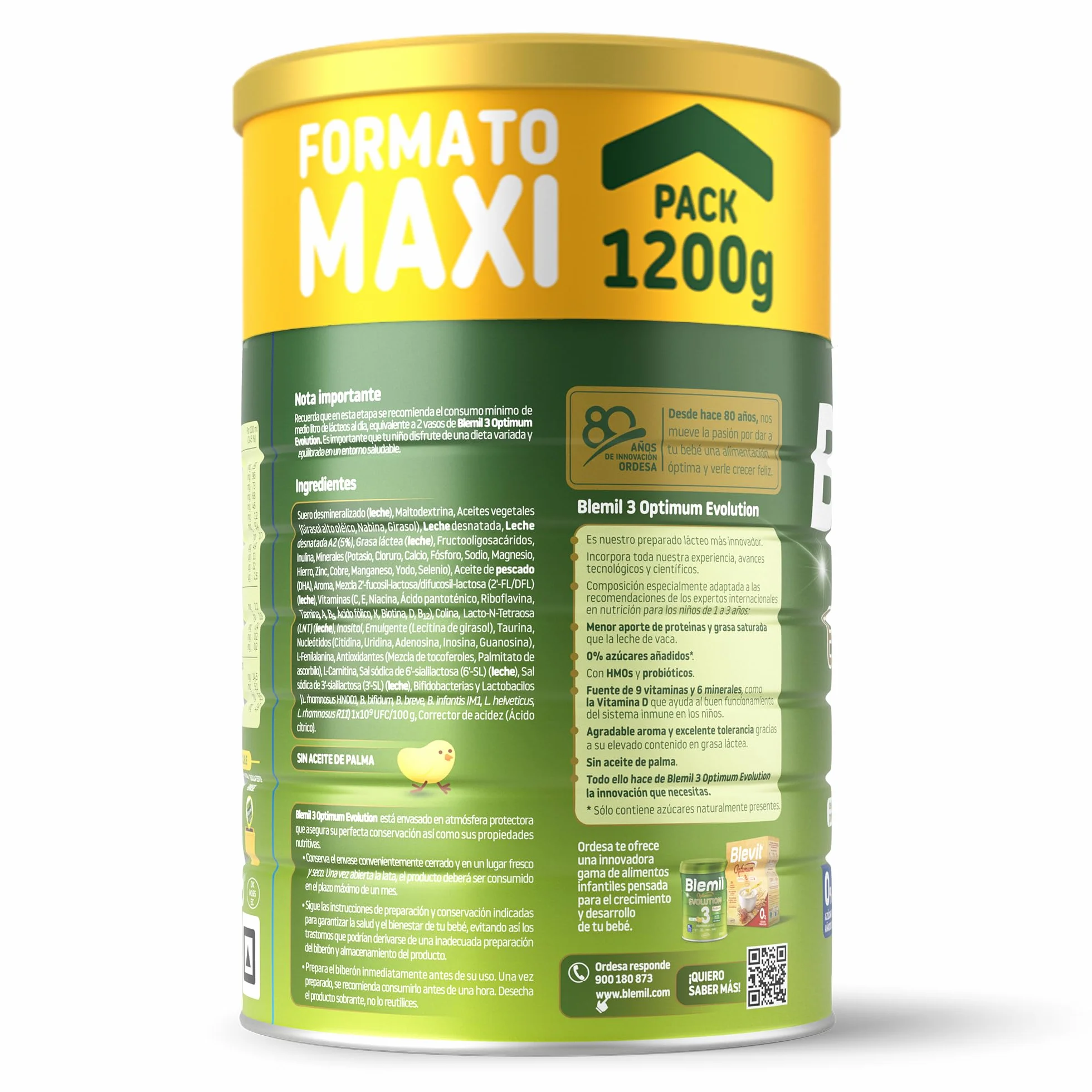 Blemil 3 Optimum Evolution 1200g Preparado Lácteo en Polvo para Niños 1-3 años 0% Azúcares Añadidos sin Aceite de Palma