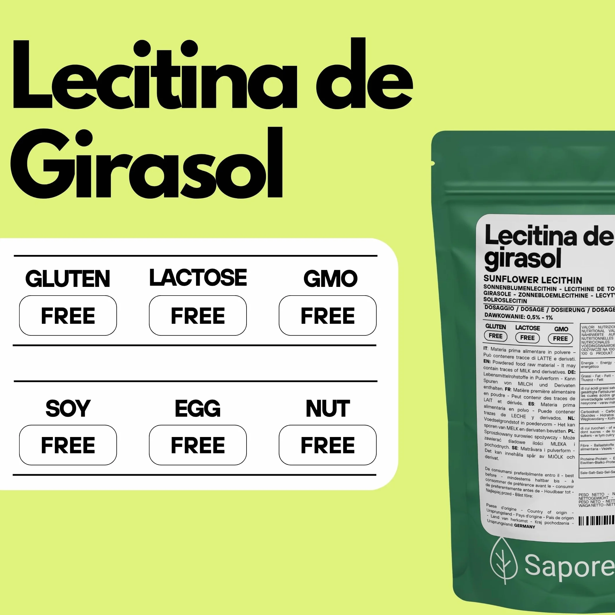 SaporePuro Lecitina de Girasol en Polvo 100 g – Emulsionante Natural SIN GLUTEN