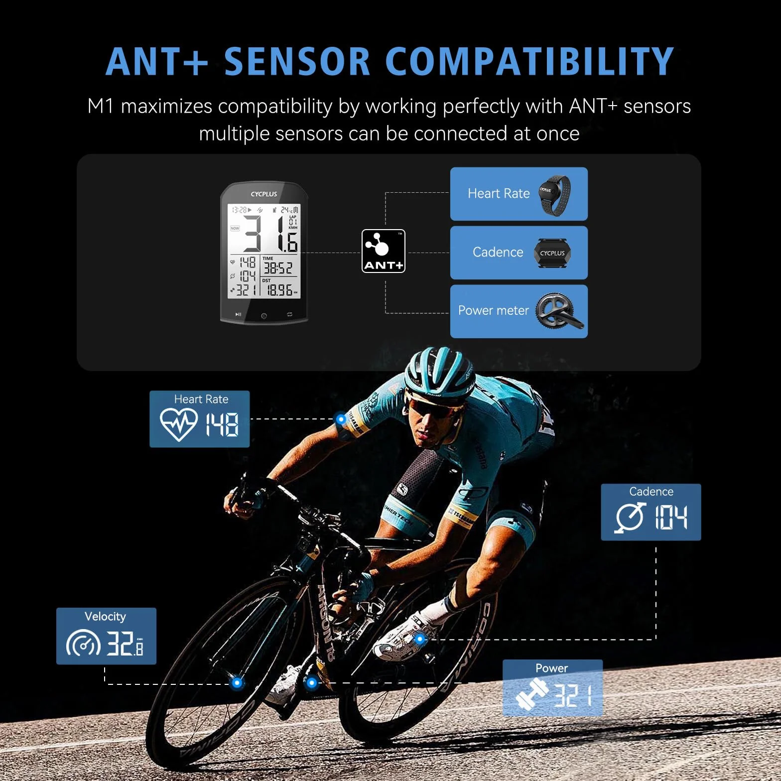 CYCPLUS GPS Computadora para Bicicleta Velocímetro Ant+ Bluetooth Pantalla LCD 2,9 Pulgadas
