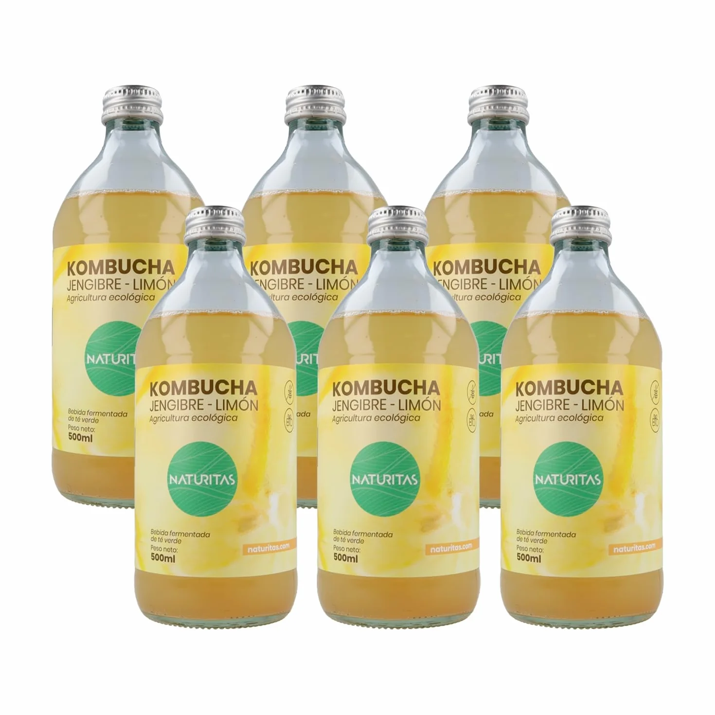 Pack de kombucha jengibre-limón BIO | 6 unidades de 500ml | Naturitas Essentials | Refresco saludable | Ayuda a la digestión | Refrescos