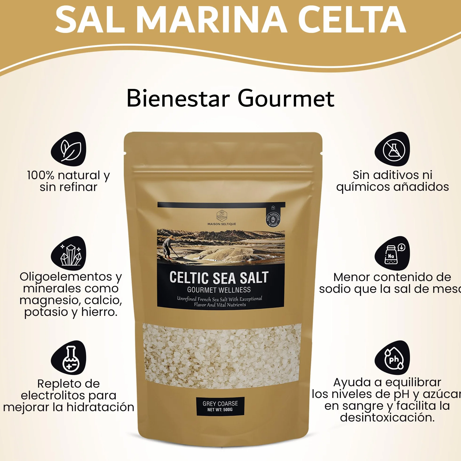 Maison Seltique Celtic Sea Salt, 100% Natural, Sal Celta Cosechada a mano, Artesanal - Pura y Sin Refinar | Sal Marina sin aditivos| Bolsa Resellable | Ideal para Cocina Gourmet y Saludable (500gr)