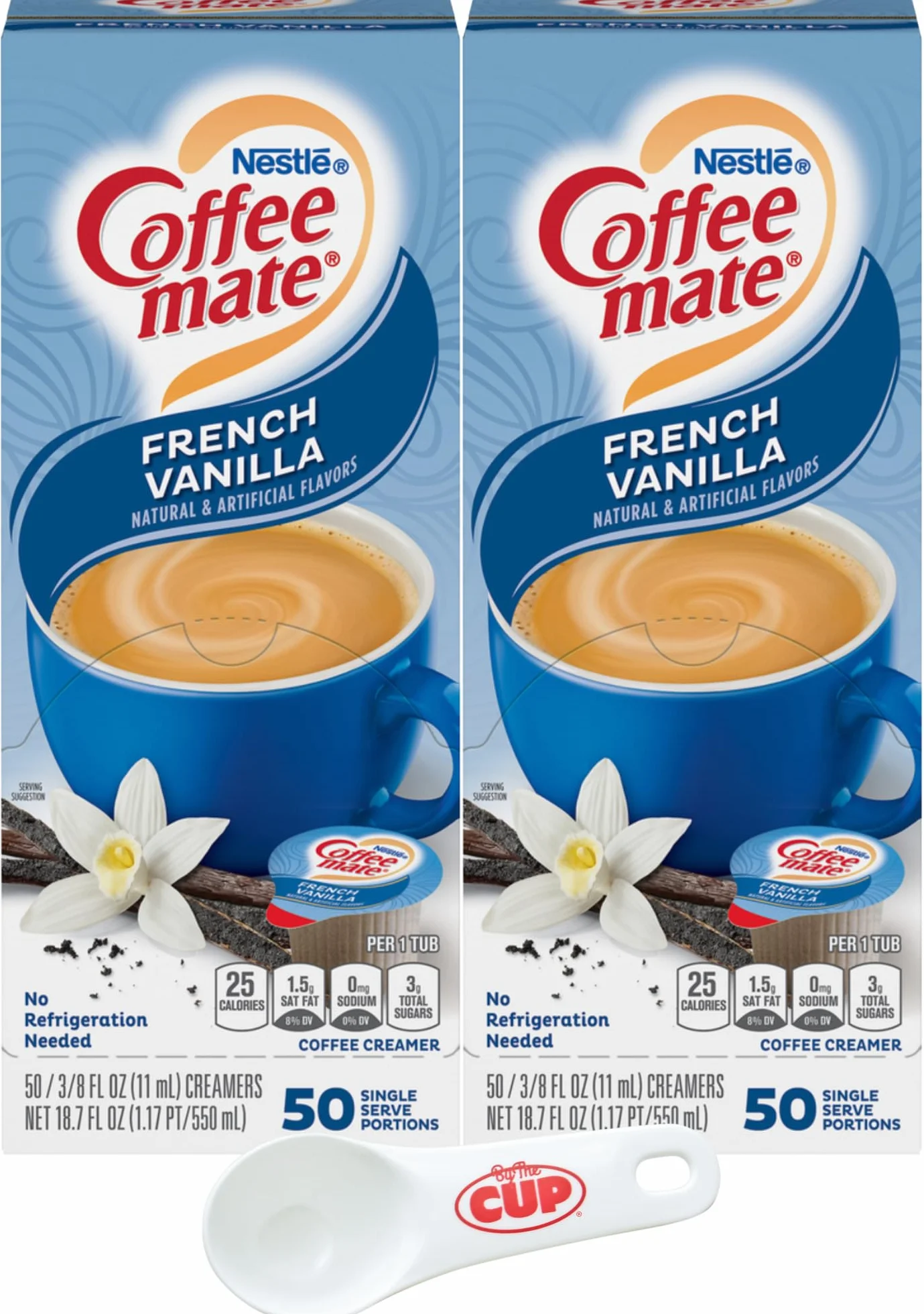 Nestle Coffee Mate - Crema de café líquida individual, vainilla francesa, caja de 50 unidades (paquete de 2) con cuchara de café By The Cup