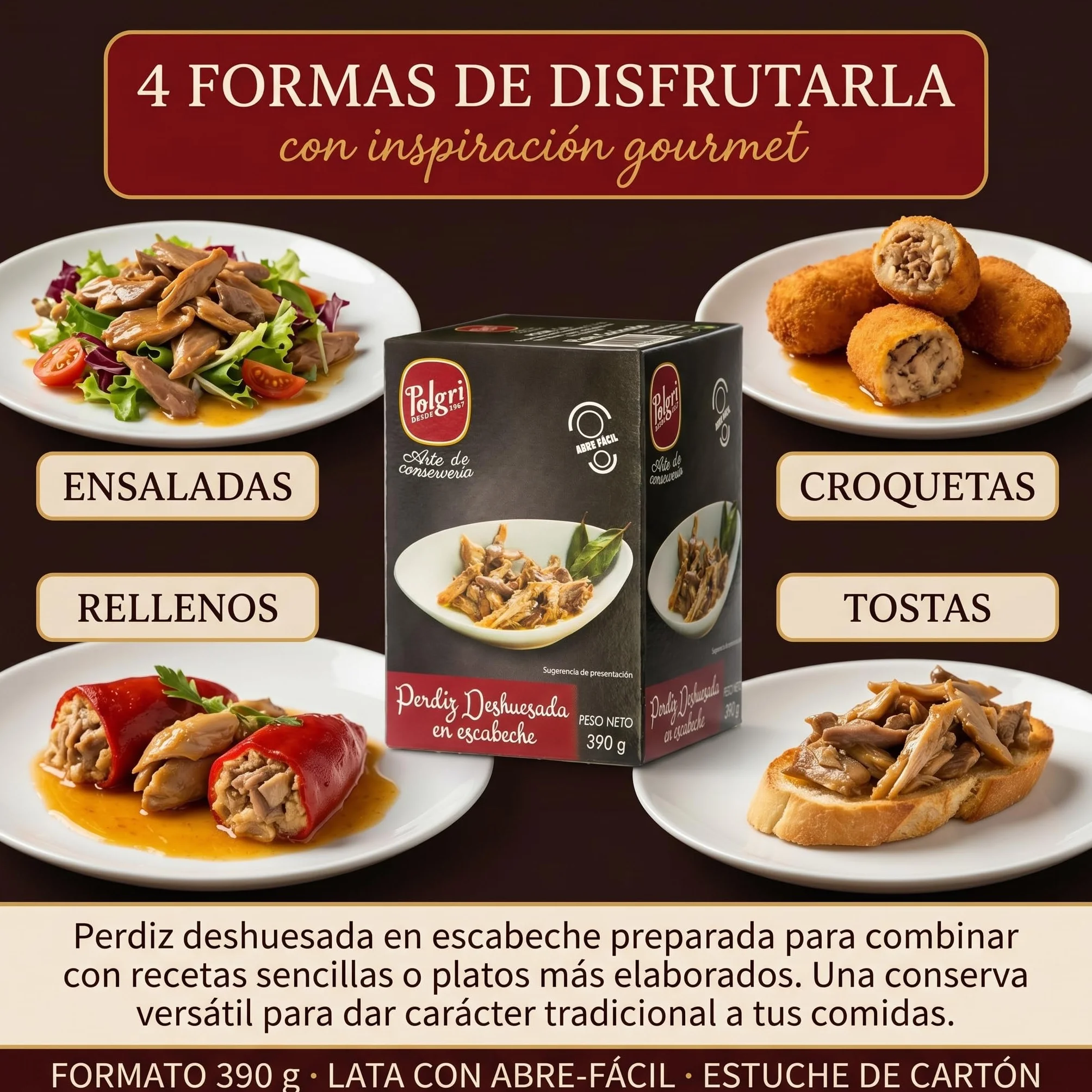 POLGRI Perdiz Deshuesada en Escabeche 390 g Lata Conserva Gourmet Carne de Caza