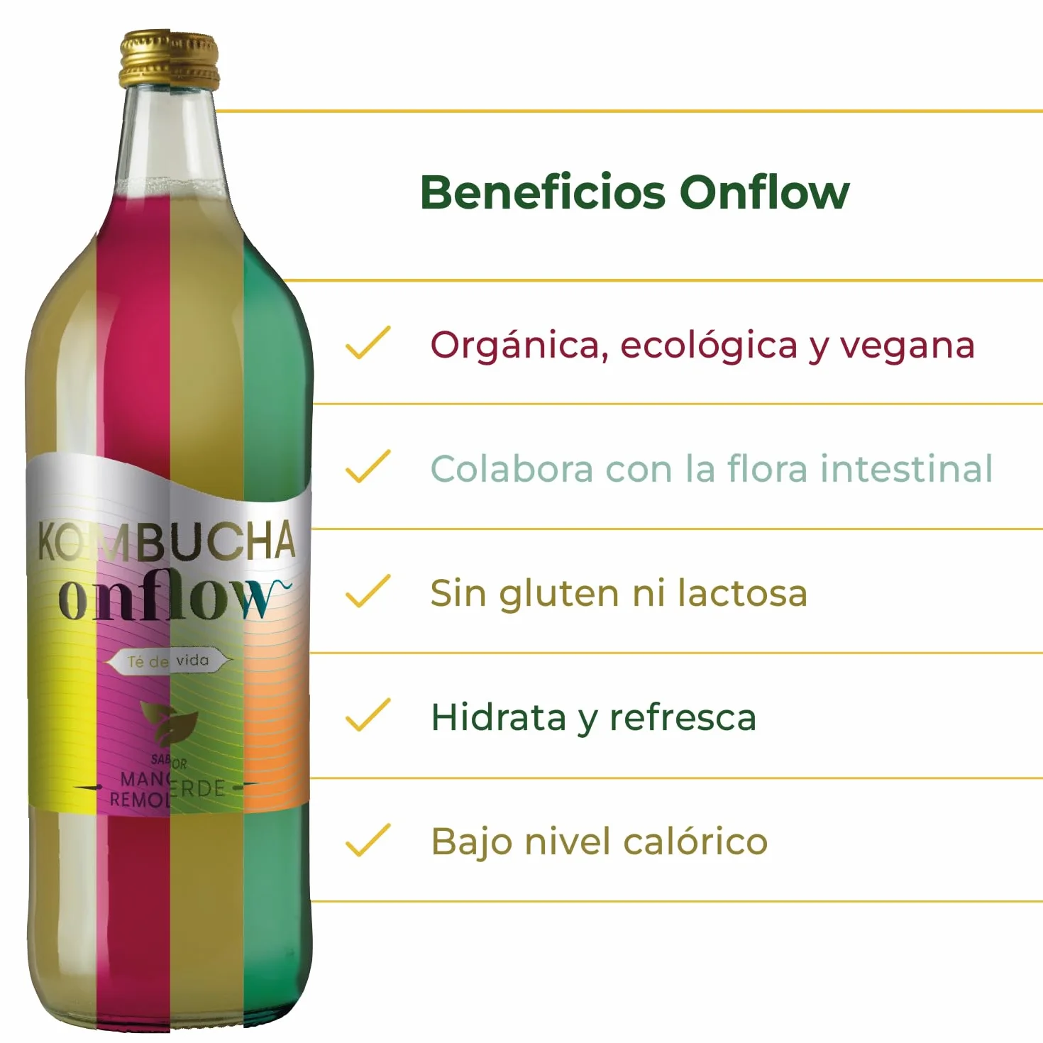 Kombucha Natural Onflow Sin Azúcar Pack 4 Botellas 1L Sabores Jenjibre-Limón Té Verde Mango-Remolacha Melón-Espirulina