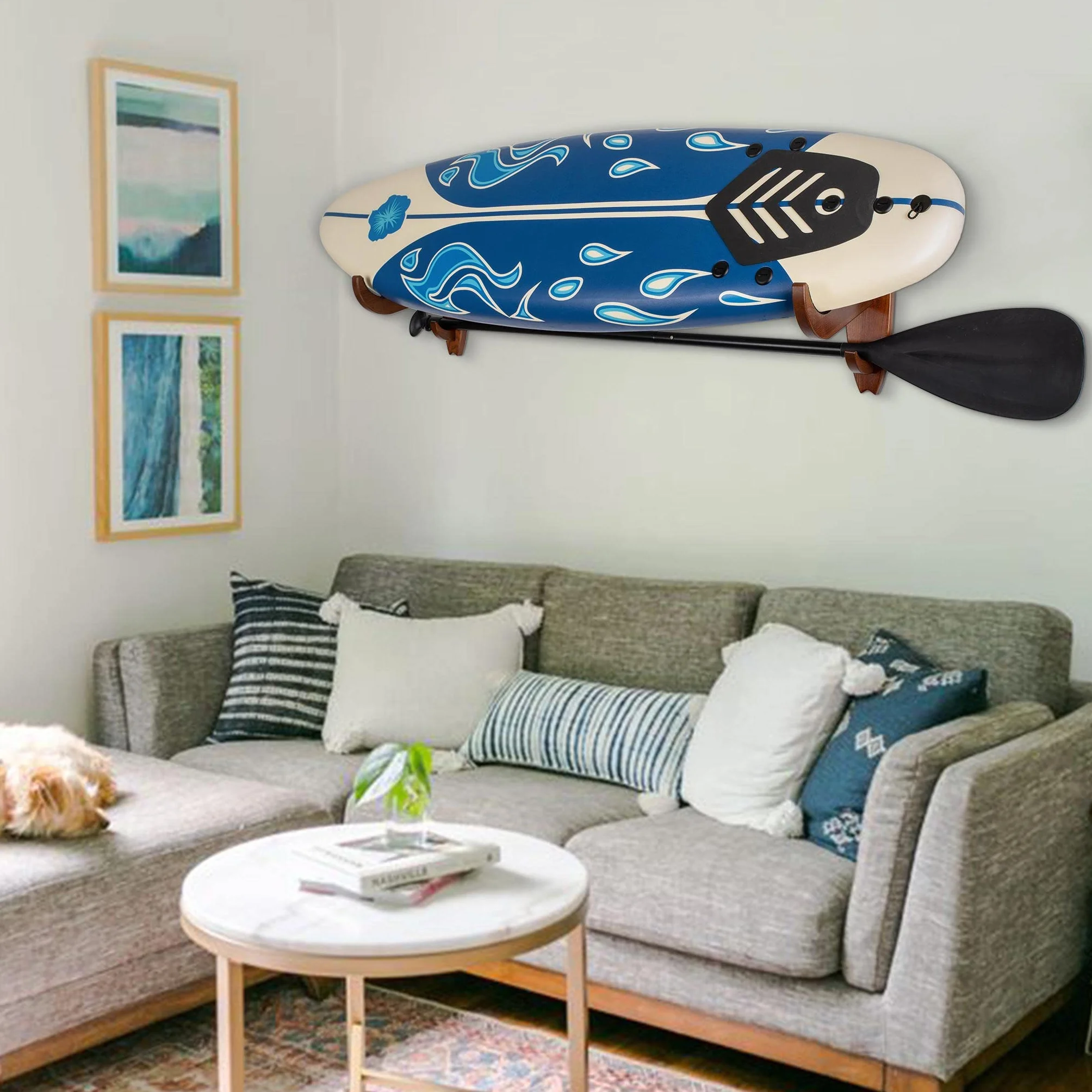 TESLYAR Soporte para tabla de surf madera de fresno acabado natural marrón grande