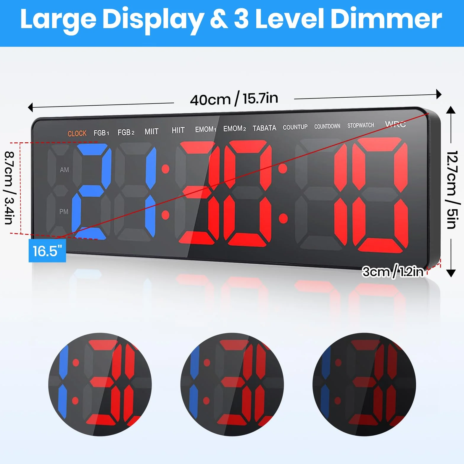 Temporizador de Gimnasio LED 16.5" Grande Reloj de Pared Digital con Countdown & Up Cronómetro, Brillo y Volumen Ajustable, Control Remoto