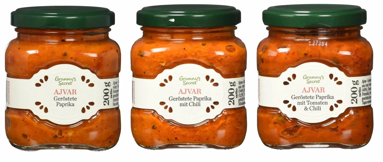 Granny's Secret Ajvar, pimientos asados, pimientos asados ​​con chile, pimientos asados ​​con tomates y chiles, paquete de 3 (3x200g)