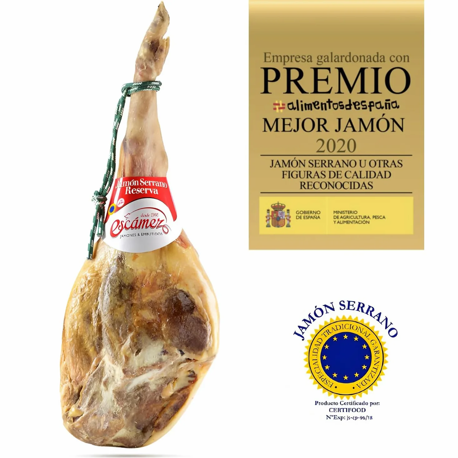 Jamon Serrano ETG Reserva C/P | Perniles de 8 a 9 kilos | Premiado al mejor Jamón 2020 | Jamón Serrano de Curación Superior a 20 meses | Sin Gluten