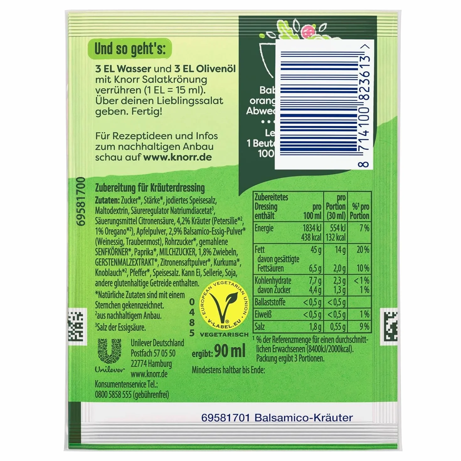 Balsamico-Kräuter Salat-krönung - Dressing Mix Alemania sabor a hierbas balsámicas, a base de hierbas procedentes de agricultura sostenible - Compatible con Knorr - 55g