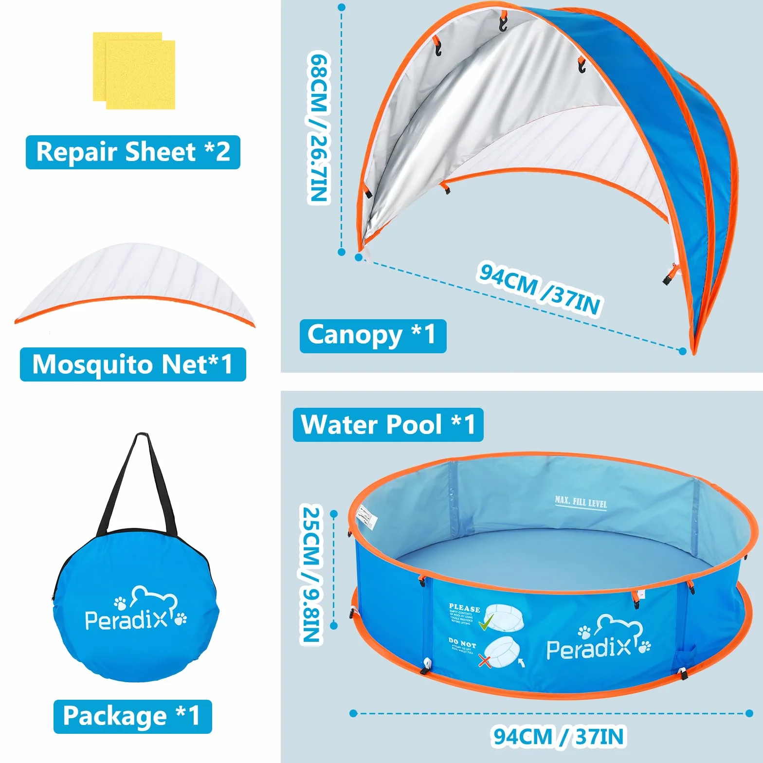 Peradix Splash Pool 4 en 1 con toldo UV y mosquitera portátil para niños