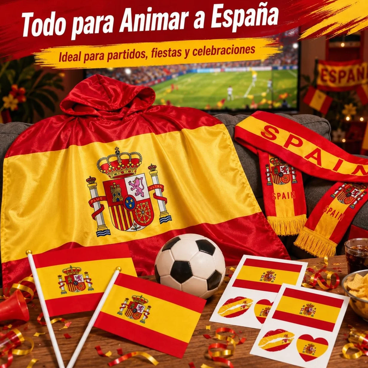 Kit Animación Mundial 2026 Capa Bandera España Bufanda Pegatinas Banderines Mano Celebración Partidos Estadio