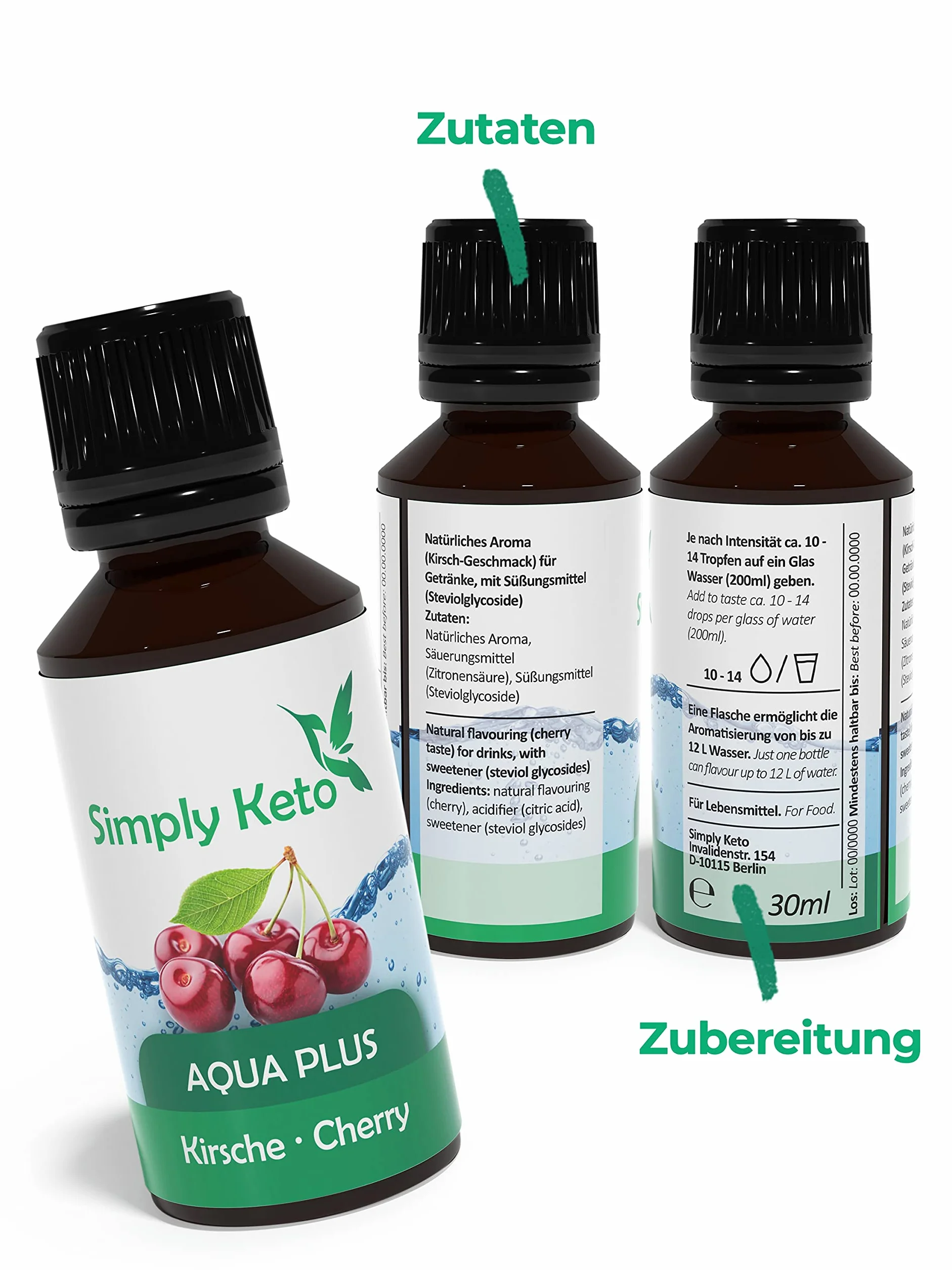 Simply Keto Gotas de sabor Aqua Plus (Cereza) 30ml - Gotas de sabor natural sin calorías - Alternativa al jarabe para 12 litros de agua con auténtico sabor - Sin aspartamo ni azúcar