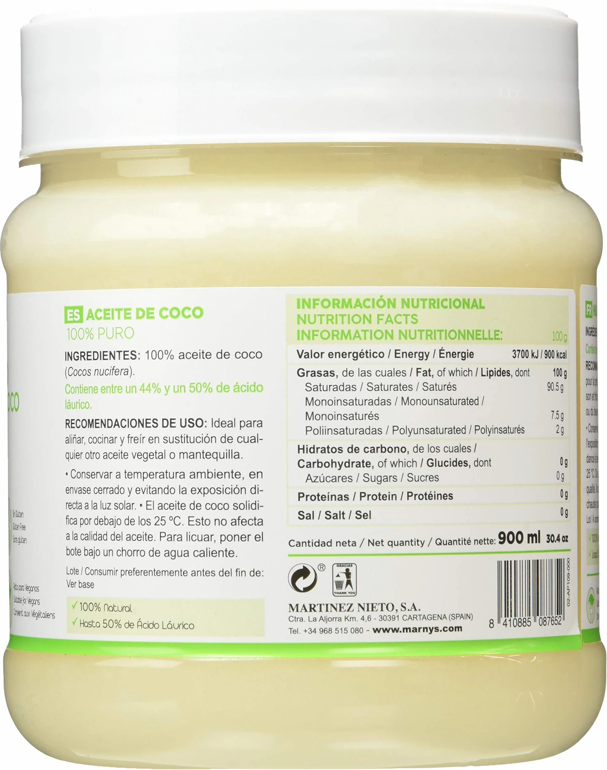 MARNYS Aceite de Coco Alimentario 100% Puro Natural 900ml