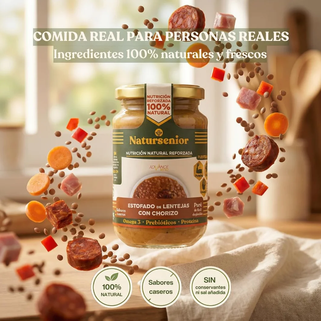 Natursenior - Comida Triturada para Personas Mayores - Pack Puré de Estofado de Lentejas con Chorizo - 100% Natural, Omega 3, Fibra, Proteína - 6 uds x 340g