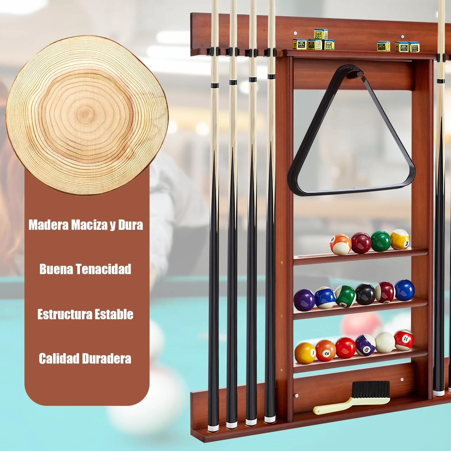 GYMAX Soporte para Tacos de Billar de Madera de Pino, para 8 Tacos, 15 Bolas y Accesorios