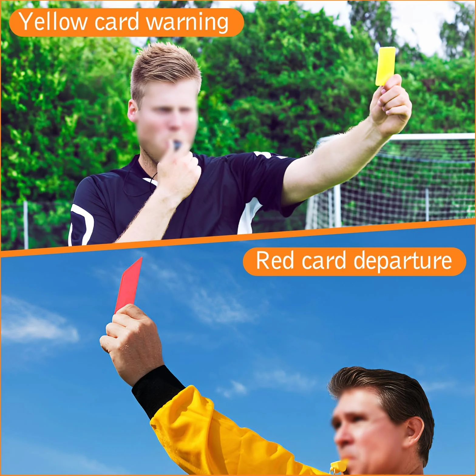 Juego de tarjetas de árbitro de fútbol rojo y amarillo con papeles de registro y hoja de puntuación
