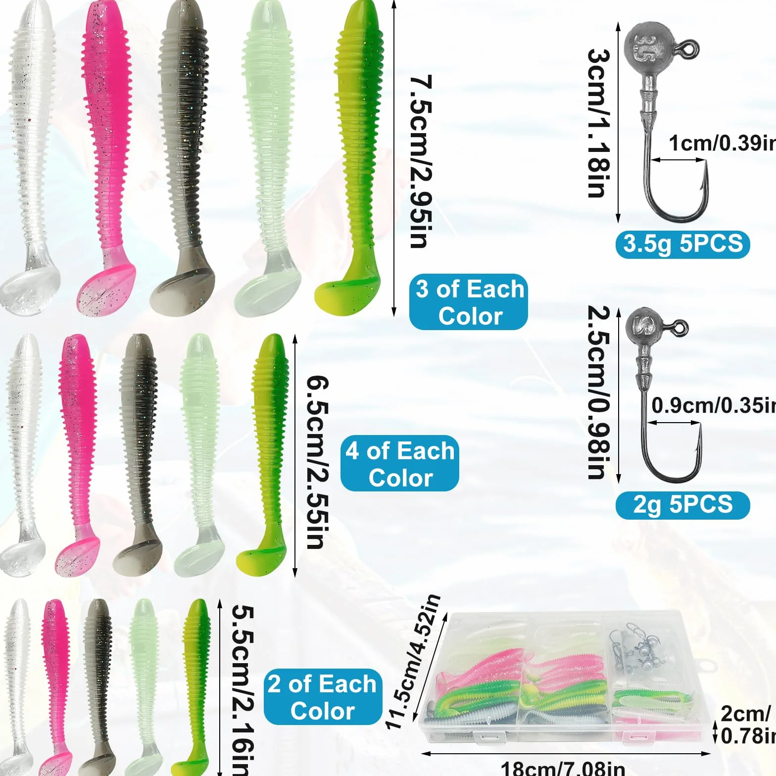 Señuelos de pesca blandos 45 piezas con cabezas triangulares 10 piezas 5,5 cm 6,5 cm 7,5 cm cebo flotante goma con cabeza caja plástico 5 colores