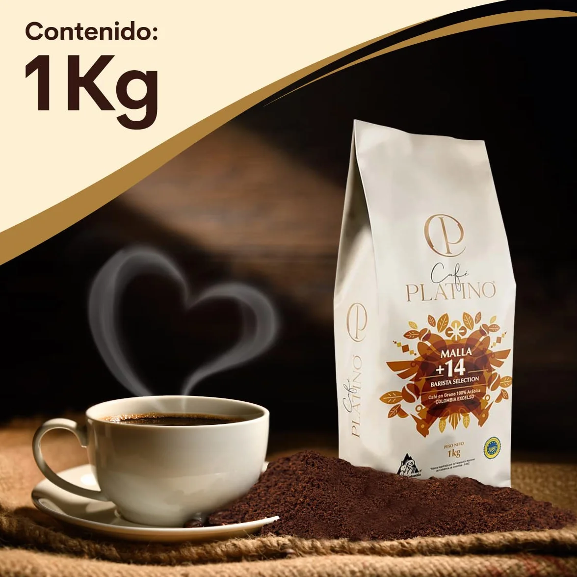 Café Platino - Café Molido de Colombia Excelso Tostado 1Kg - 100% Arábica - Malla +14 Barista Selection