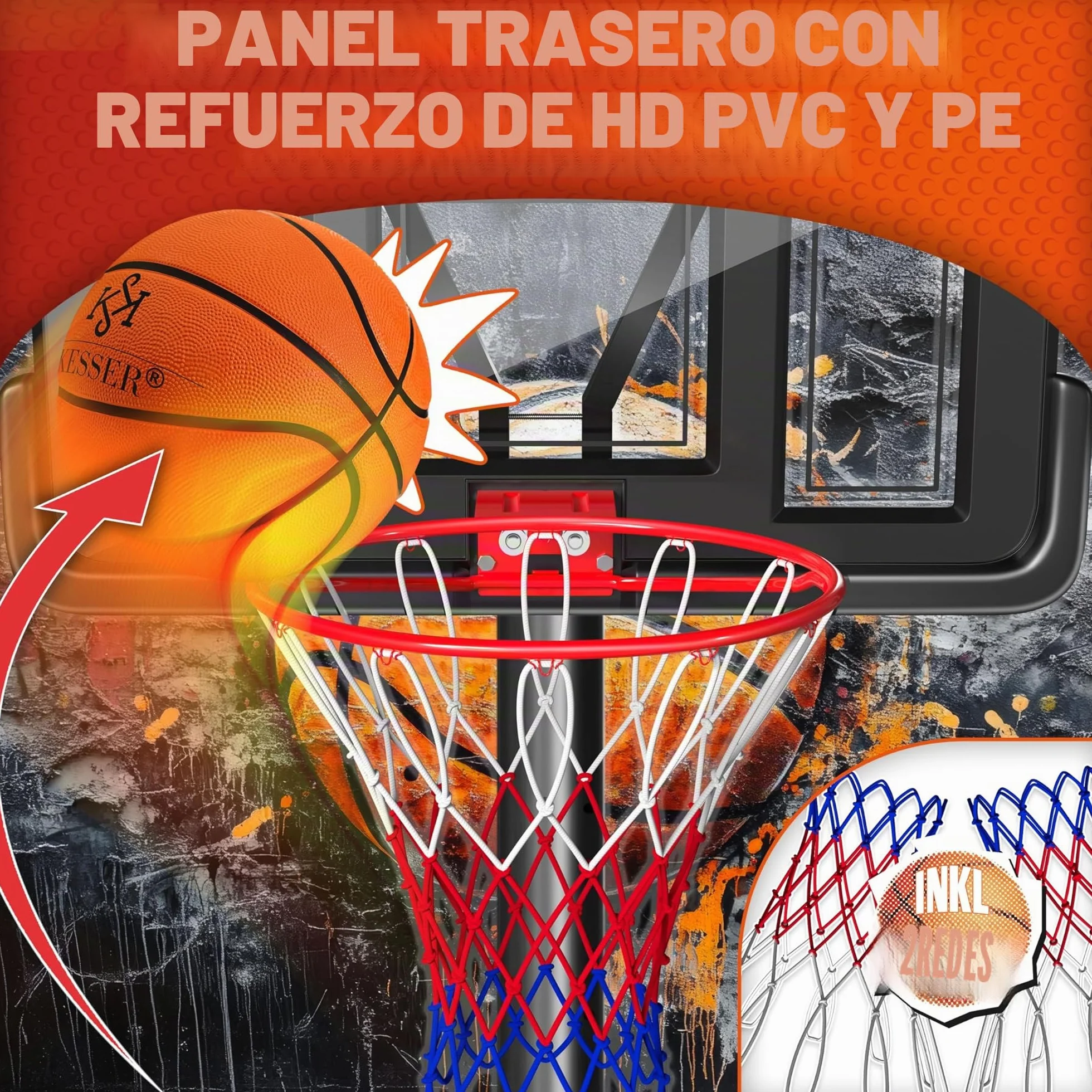 KESSER Canasta de Baloncesto Premium 230-305 cm Altura Regulable Base Ruedas Balón Inflador