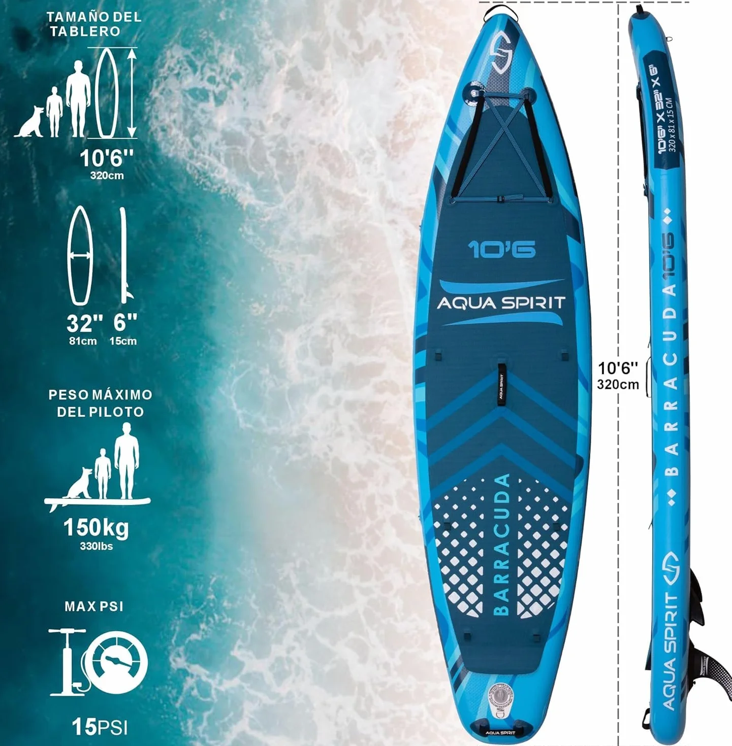 AQUA SPIRIT 320x79x15cm Sup Tabla Hinchable de Paddle Surf Kit de Conversión de Kayak con Pala Ajustable de Aluminio