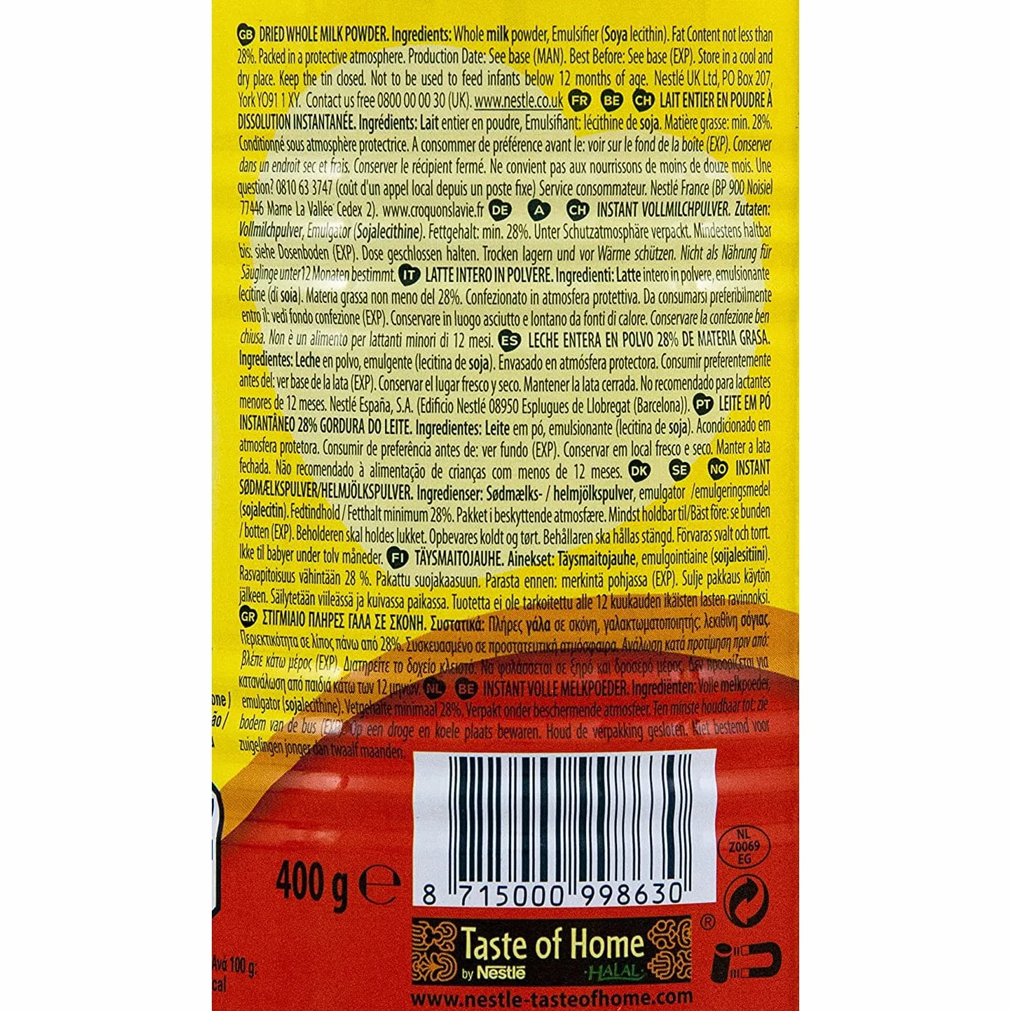 Nestlé Nido Instant Full Cream Leche en polvo, 2 x 400 g