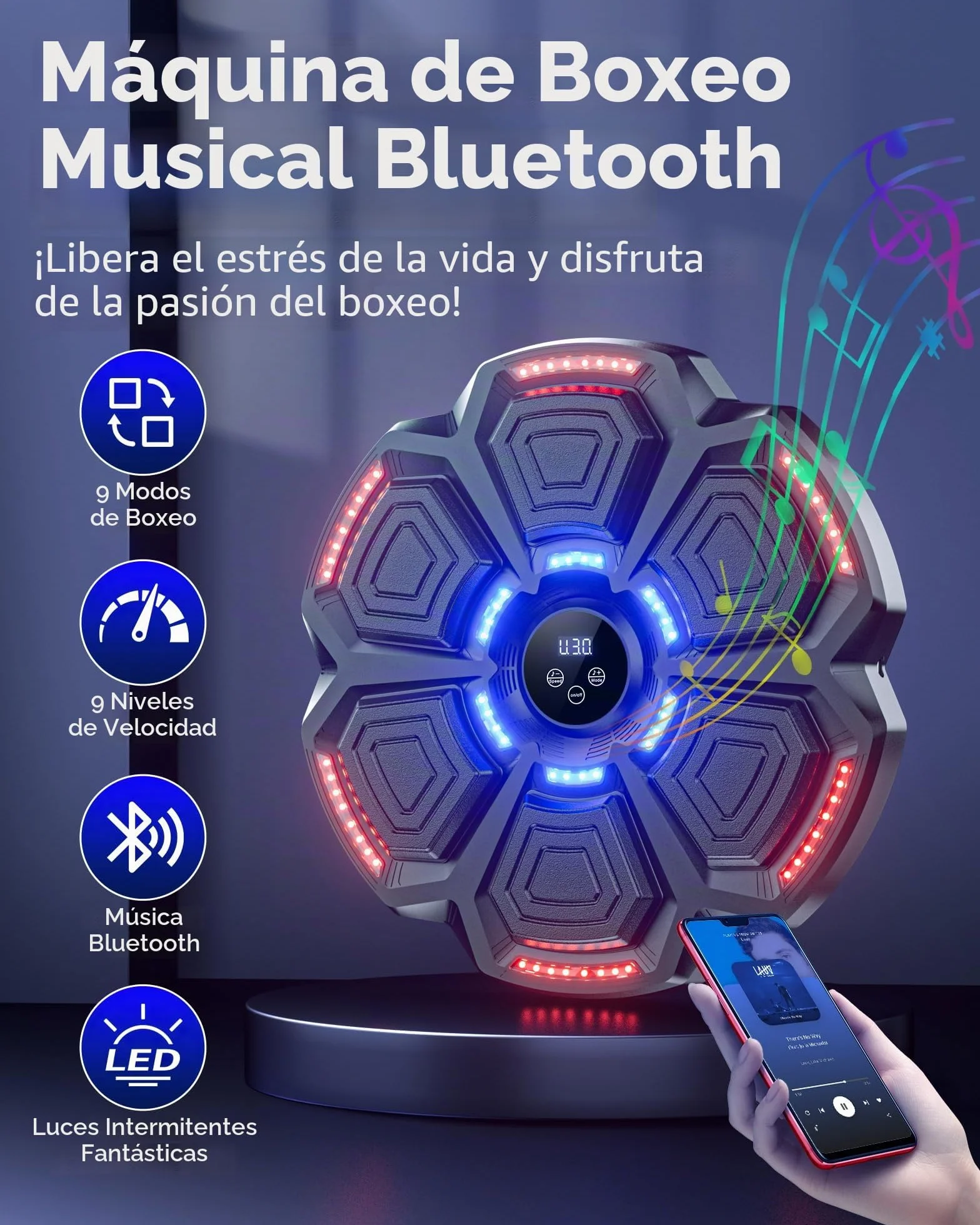 Maquina Boxeo Musical Pared 9 Modos Velocidad con Guantes Bluetooth Recuento Inteligente Luces Ritmo