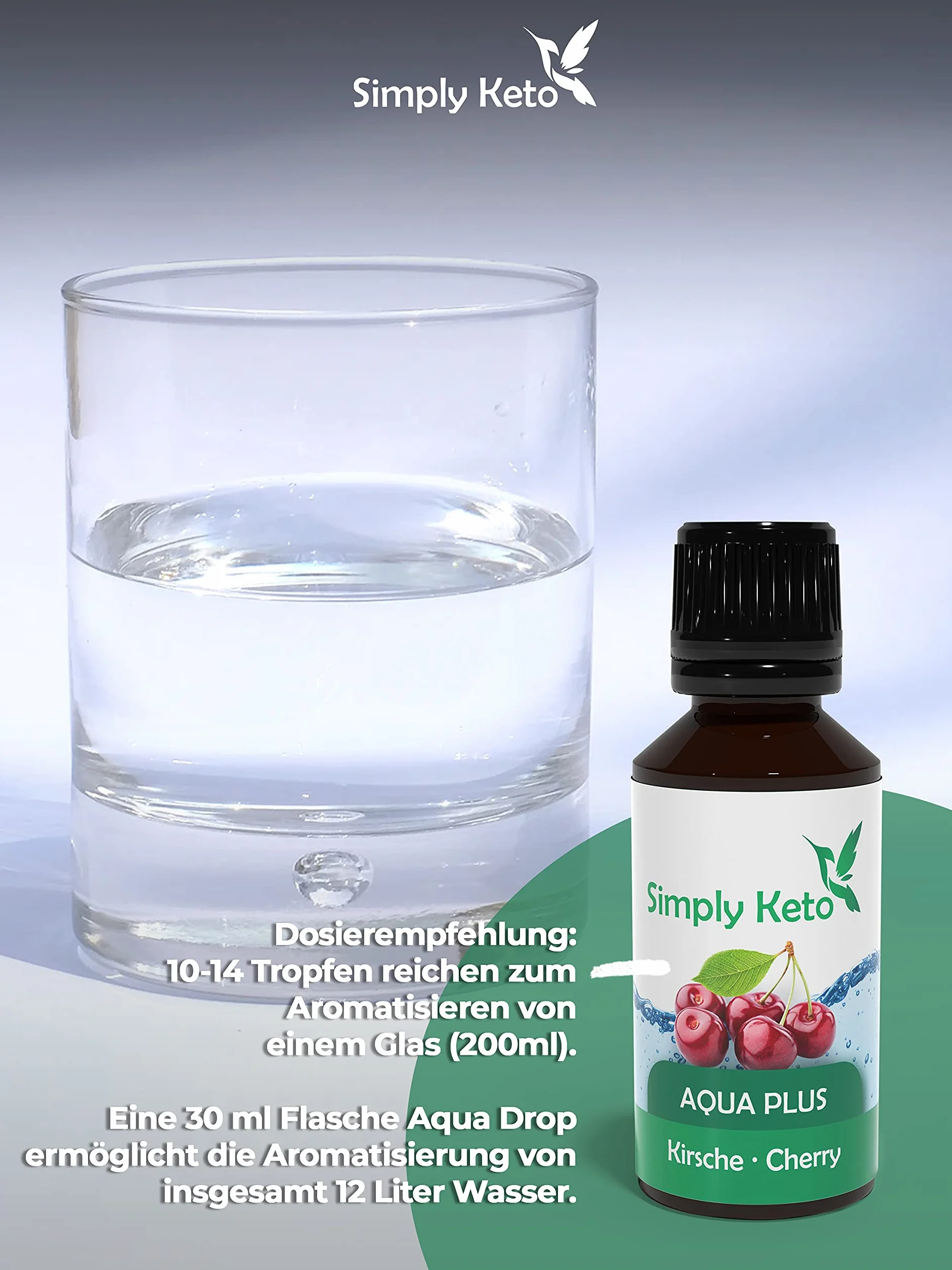 Simply Keto Gotas de sabor Aqua Plus (Cereza) 30ml - Gotas de sabor natural sin calorías - Alternativa al jarabe para 12 litros de agua con auténtico sabor - Sin aspartamo ni azúcar