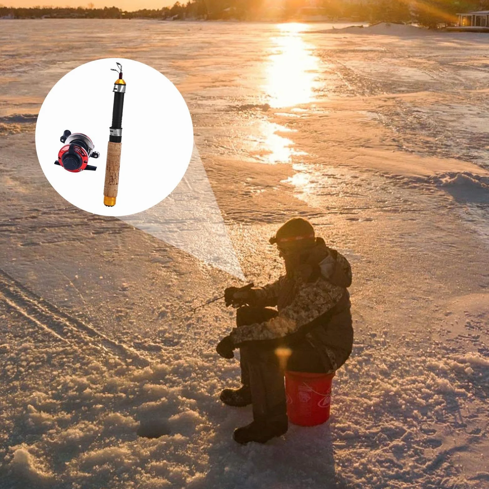 Caña y carrete para pescar en hielo compacto y ligero