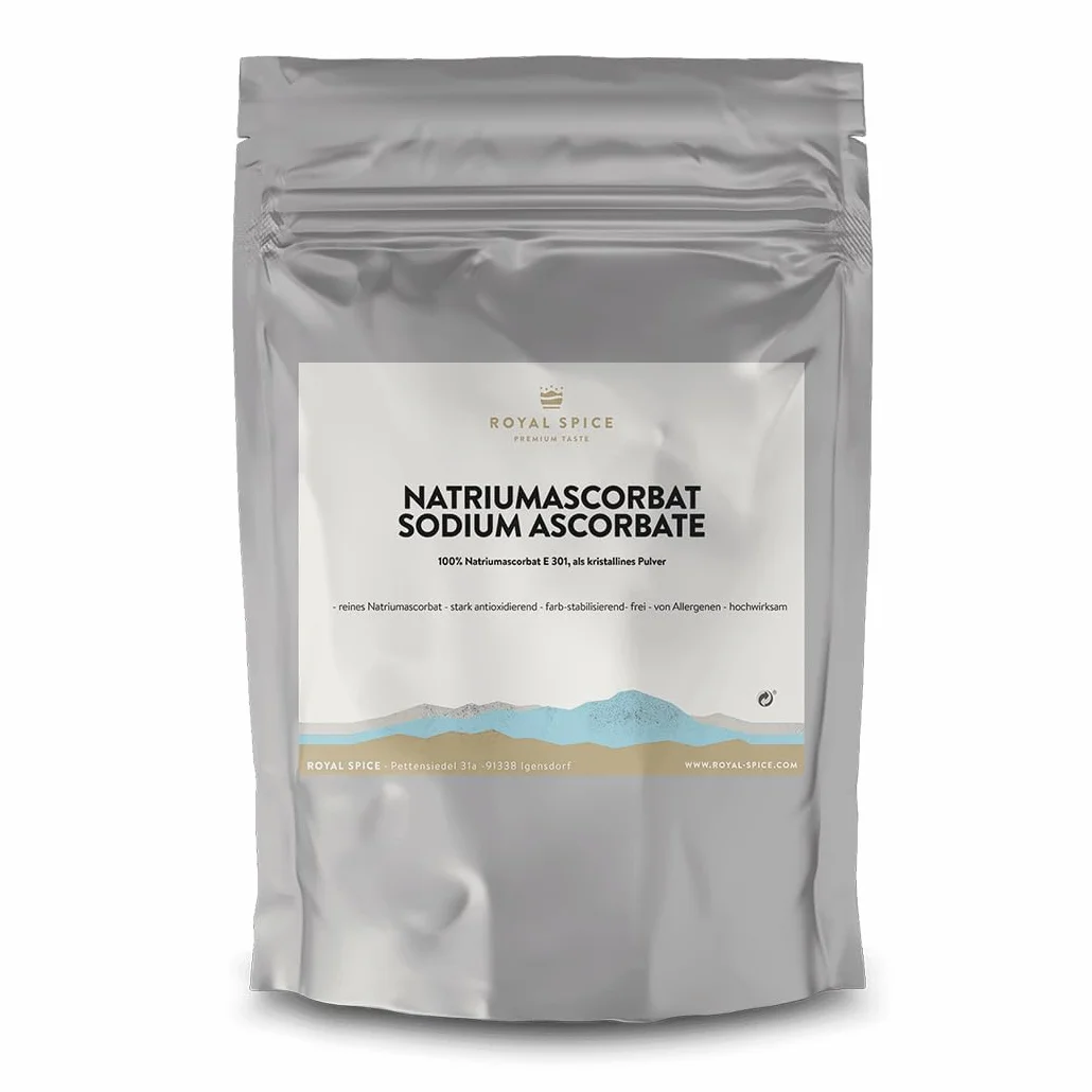 Royal Spice Ascorbato de sodio E301 250 g – Antioxidante puro y aditivo alimentario – Ascorbato de sodio en polvo para salchichas, salazón seco – Vegano y sin aditivos