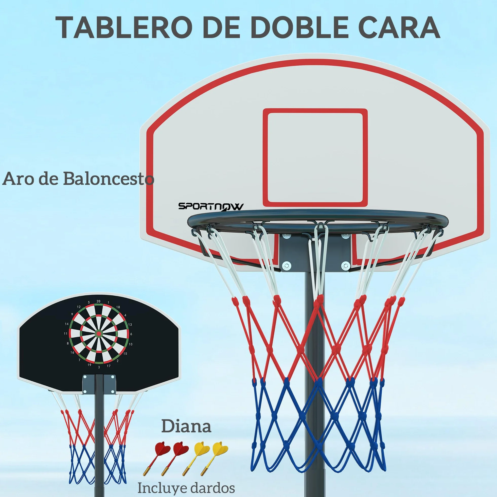 SPORTNOW Canasta de Baloncesto Exterior Tablero Dardos Altura Ajustable 210-247 cm Aro Portátil Ruedas Base Rellenable Negro