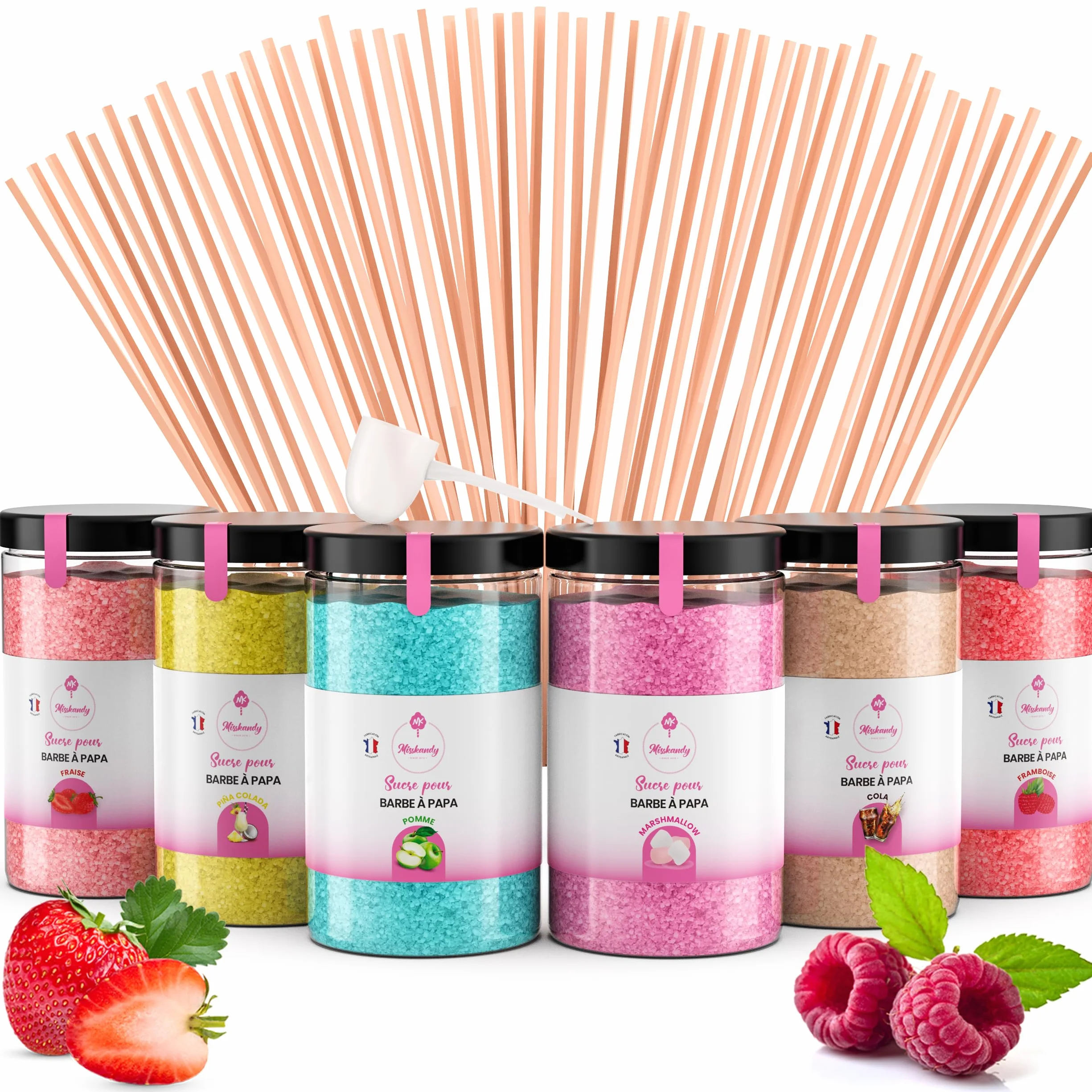 Misskandy,azucar para algodon de azucar/para máquina 1,8 kg (6 * 300g)/sabores: fresa, manzana, malvavisco, cola, frambuesa, piña colada, + 50 palos (30 cm) (ofrecido)
