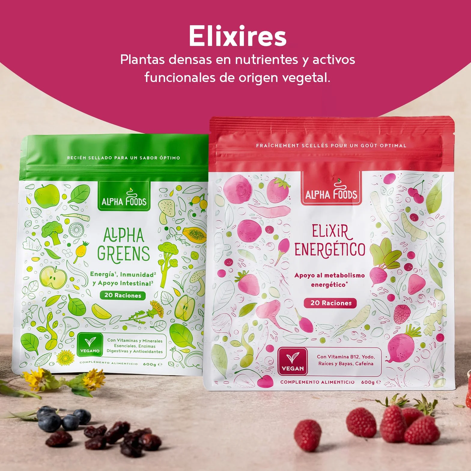 Elixir Energético | 600 Gramos | Superfood Smoothie Powder con raíces y bayas: Maca, Cúrcuma, Guaraná, Yerba Mate, Frambuesas, Açai, Bayas de Goji | Alternativa al Café | Alpha Foods