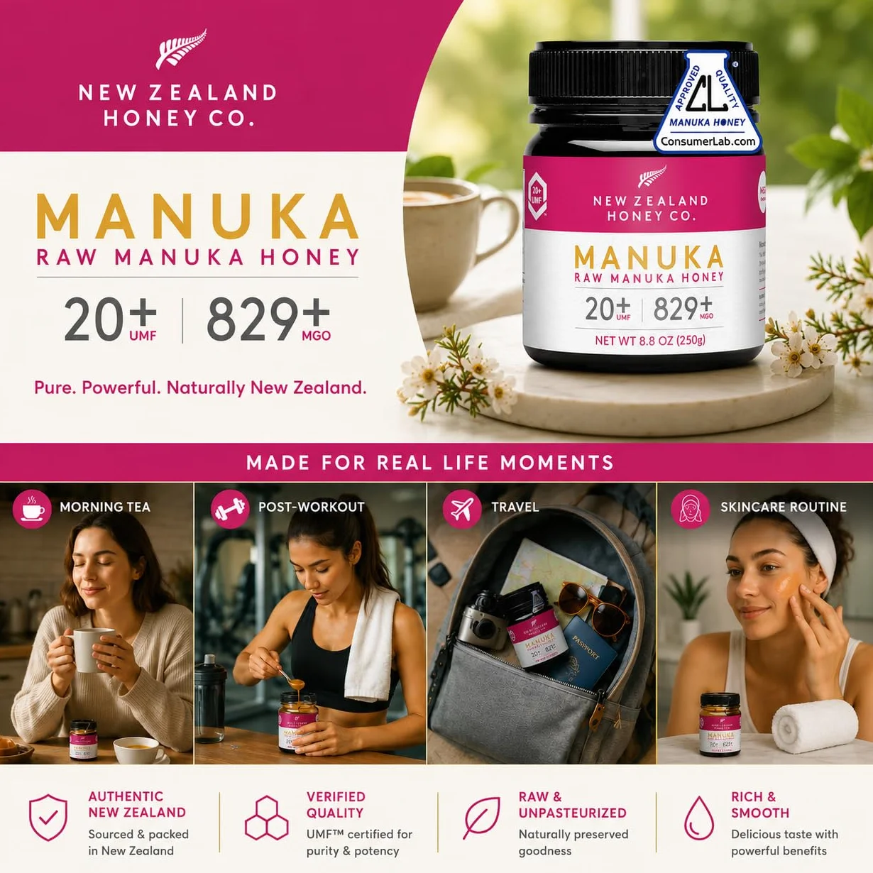 New Zealand Honey Co. Miel de Manuka MGO 829+ / UMF 20+ - 250g Tarro Cotidiano - Origen Nueva Zelanda con Enzimas y Pólenes Naturales - Miel Monofloral Certificada UMF