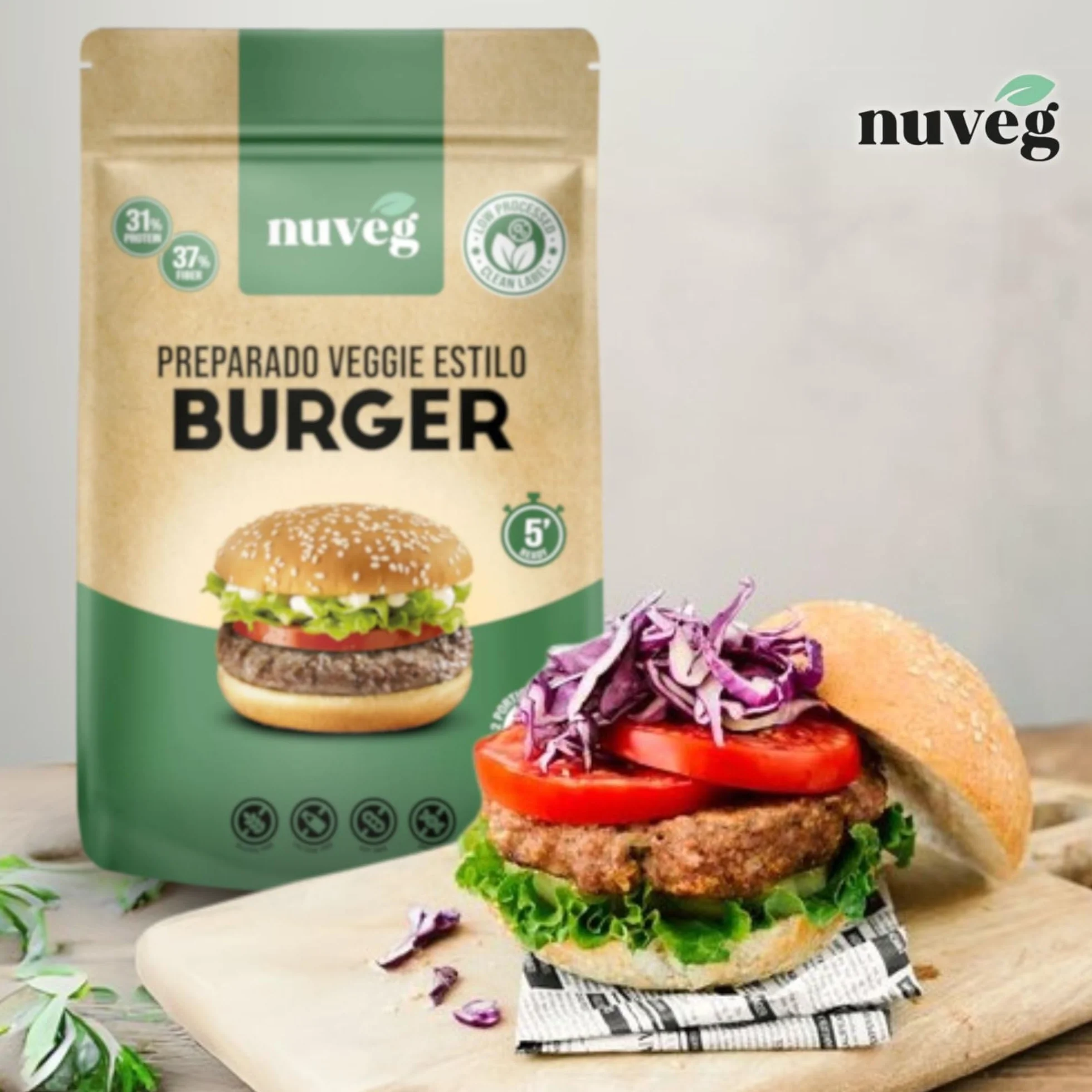 NUVEG Preparado Veggie para Hamburguesa Vegetal, Dieta Vegana y Vegetariana, Alto en Proteínas y Fibra, Sin Gluten y Sin Lactosa, Comida Preparada en Conserva, Fácil y Rápida, Pack 2, 270g