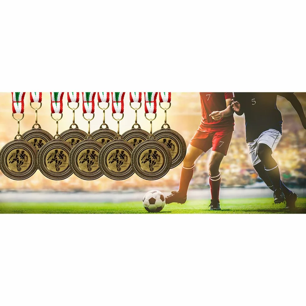 Medallas de fútbol metal dorado juego 10 con cinta verde blanco rojo emblema
