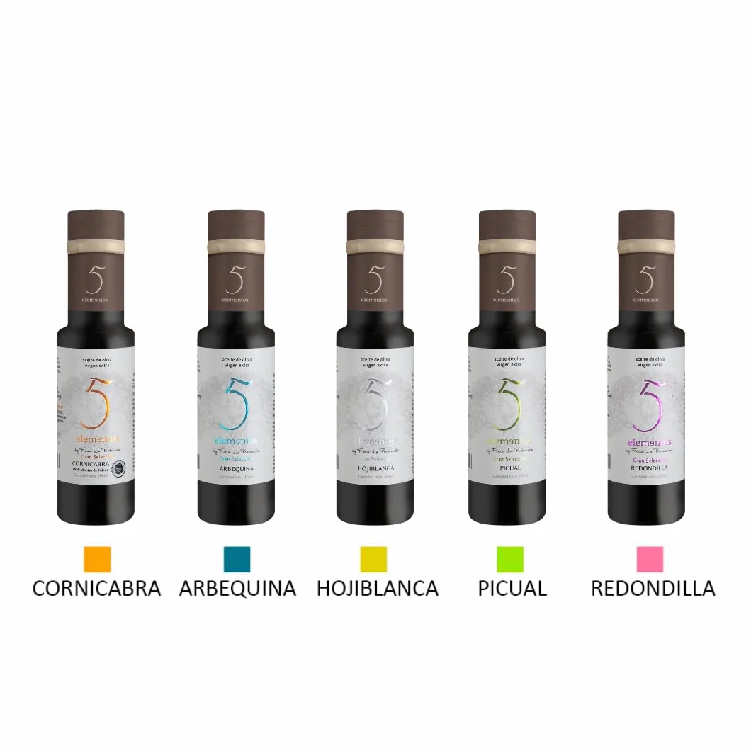 Aceite de Oliva Virgen Extra Gran Selección 5 Elementos Estuche Premium Degustación 5 Variedades Picual Arbequina Cornicabra Hojiblanca Redondilla Set Regalo Gourmet 5x100ml
