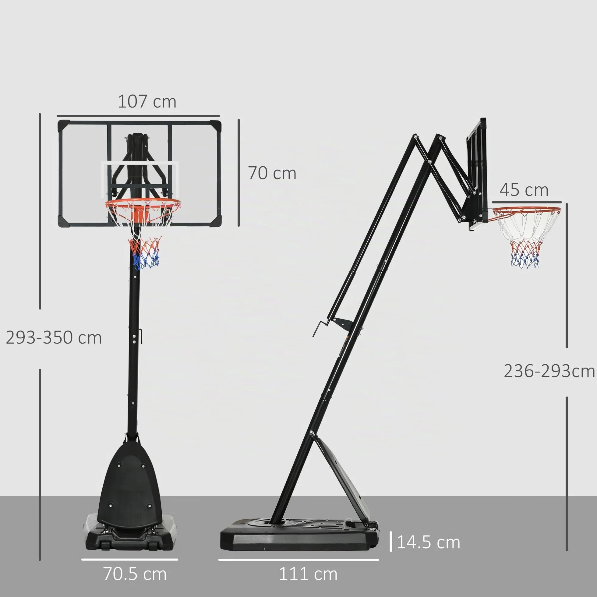 SPORTNOW Canasta de Baloncesto Exterior Altura Ajustable 236-293 cm Tablero PC Aro Ruedas Base Rellenable Negro