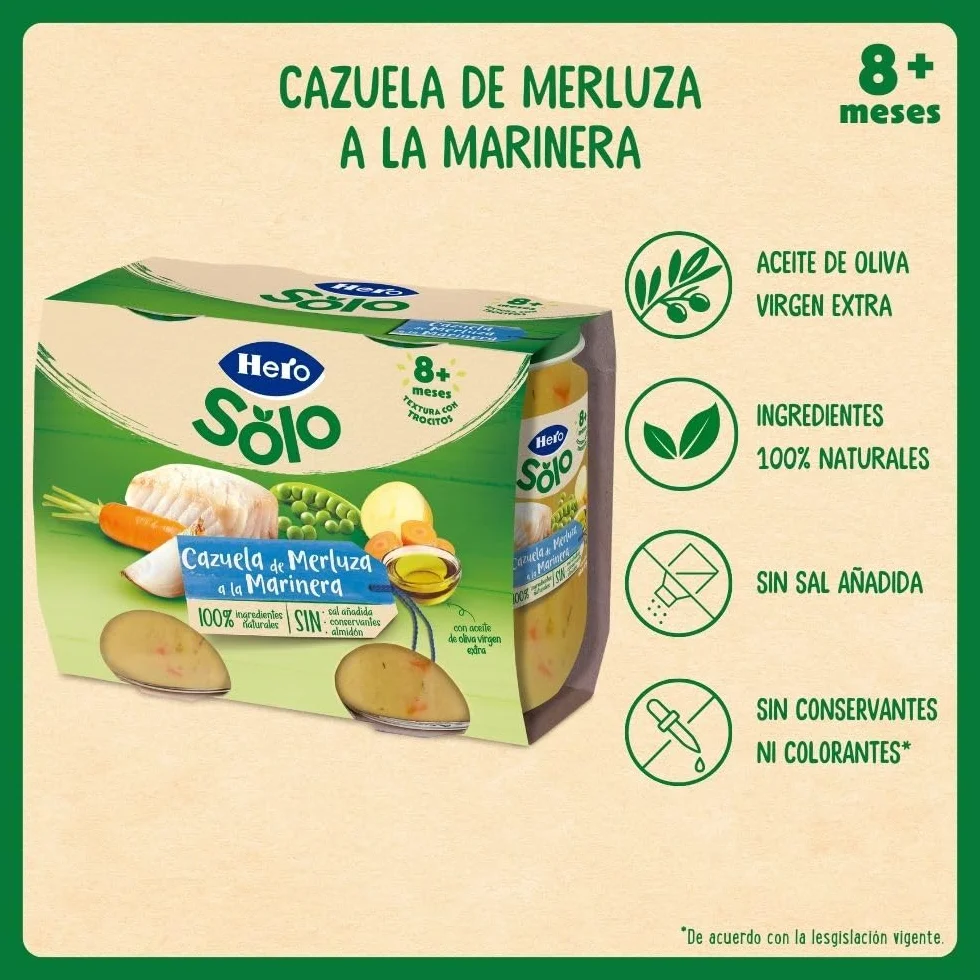 Hero Baby - Recetas Caseras, Tarritos de Cazuelita de Merluza a la Marinera, Sin Sal Añadida, Sin Almidón, Sin Aceite de Palma, Ingredientes 100% Naturales, 6 Packs de 2x190g