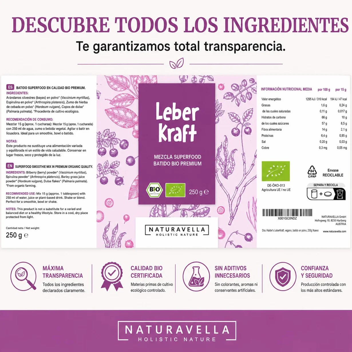 NATURAVELLA LeberKraft Superfood Bio 250g | Heavy Metal Detox con arándanos silvestres, hierba de cebada, espirulina y dulse | Receta Anthony William | Vegano