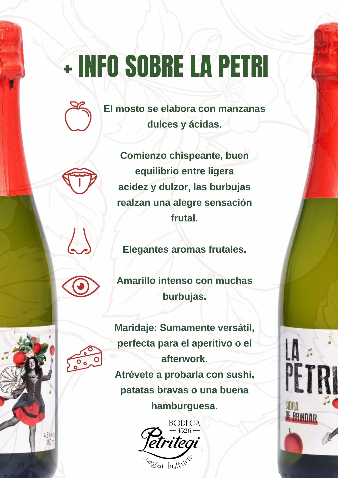 Sidra La Petri 750 ml Pack 6 botellas | Sidra natural vasca con manzana 100% | Petritegi Astigarraga | Vegana y sin gluten | Sidra espumosa 4.8% vol refrescante para aperitivo