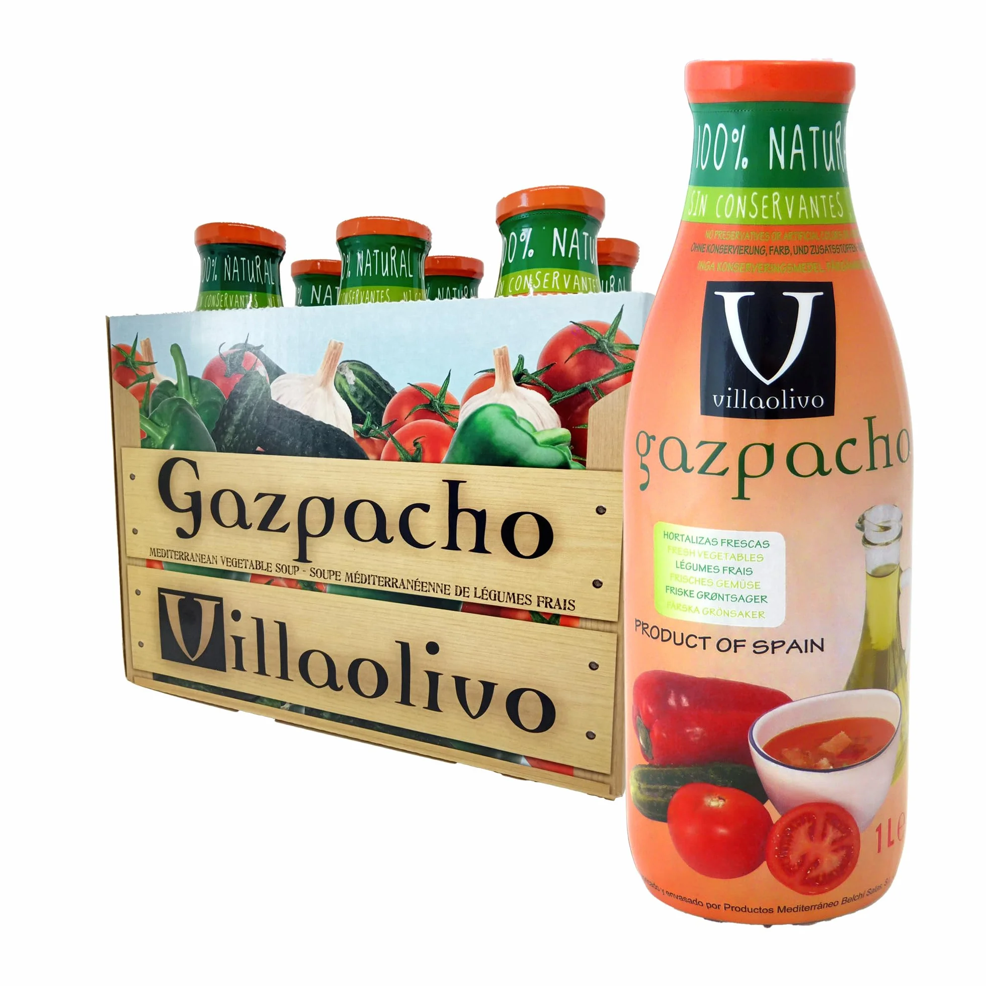Villaolivo Gazpacho Tradicional 1L Pack 6 Sopa Fría Española 100% Natural Sin Conservantes