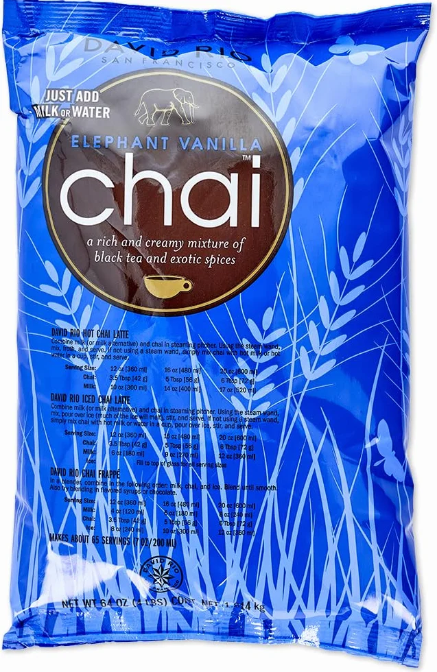 David Rio Elephant Vanilla Chai I - Latte de 398 g I Chai Latte con té negro, vainilla, miel y canela, té clásico cremoso con cafeína (elefante vainilla chai, lata de servicio de alimentos 1814 g)
