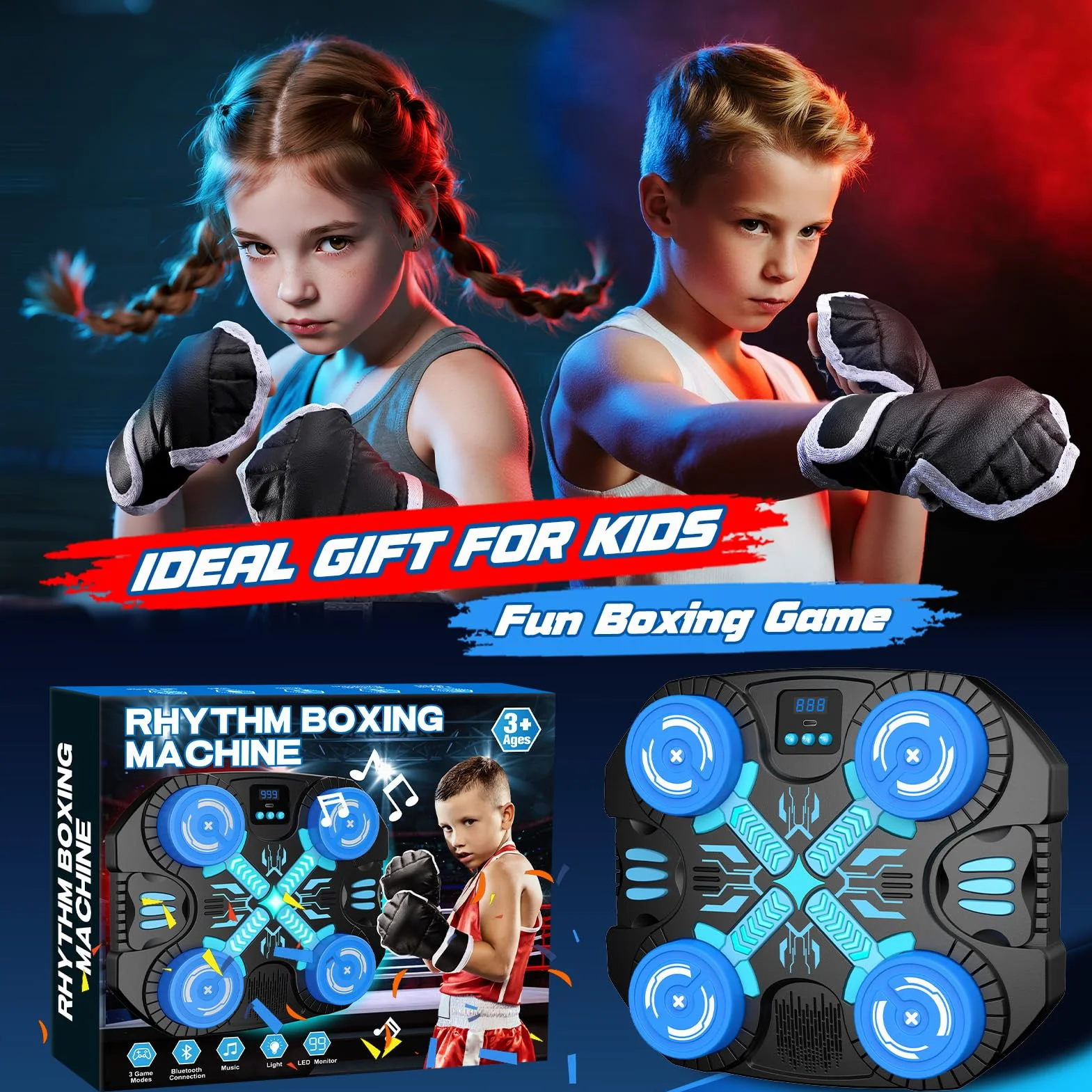 Máquina de Boxeo Musical para Niños con Guantes, Bluetooth, 3 Modos de Juego, Pantalla LED, Saco de Boxeo de Pared, Juguete 3-12 años