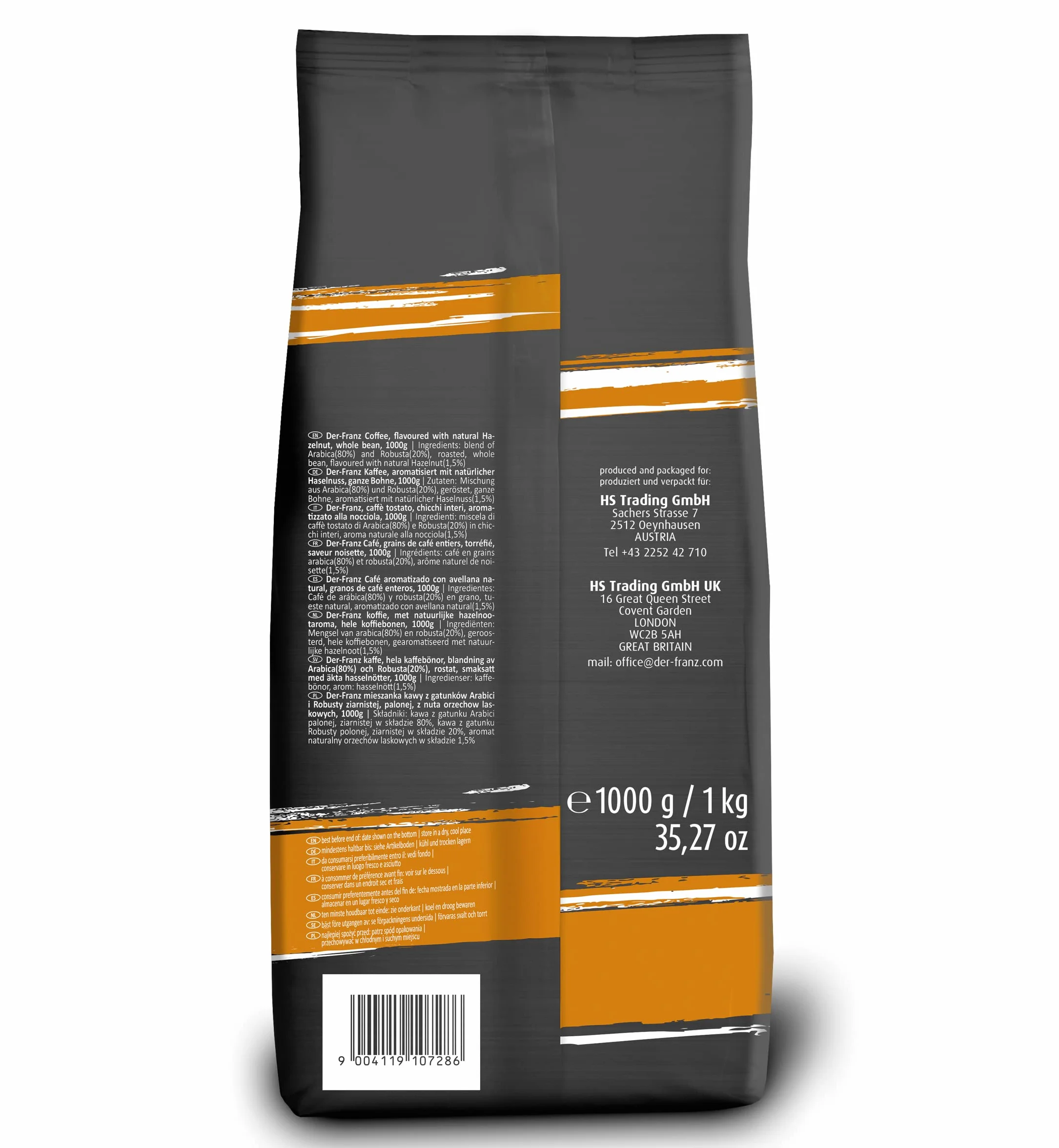 Der-Franz Café, Aromatizados con Avellana, Café mezcla de Arábica y Robusta granos enteros, 1000 g