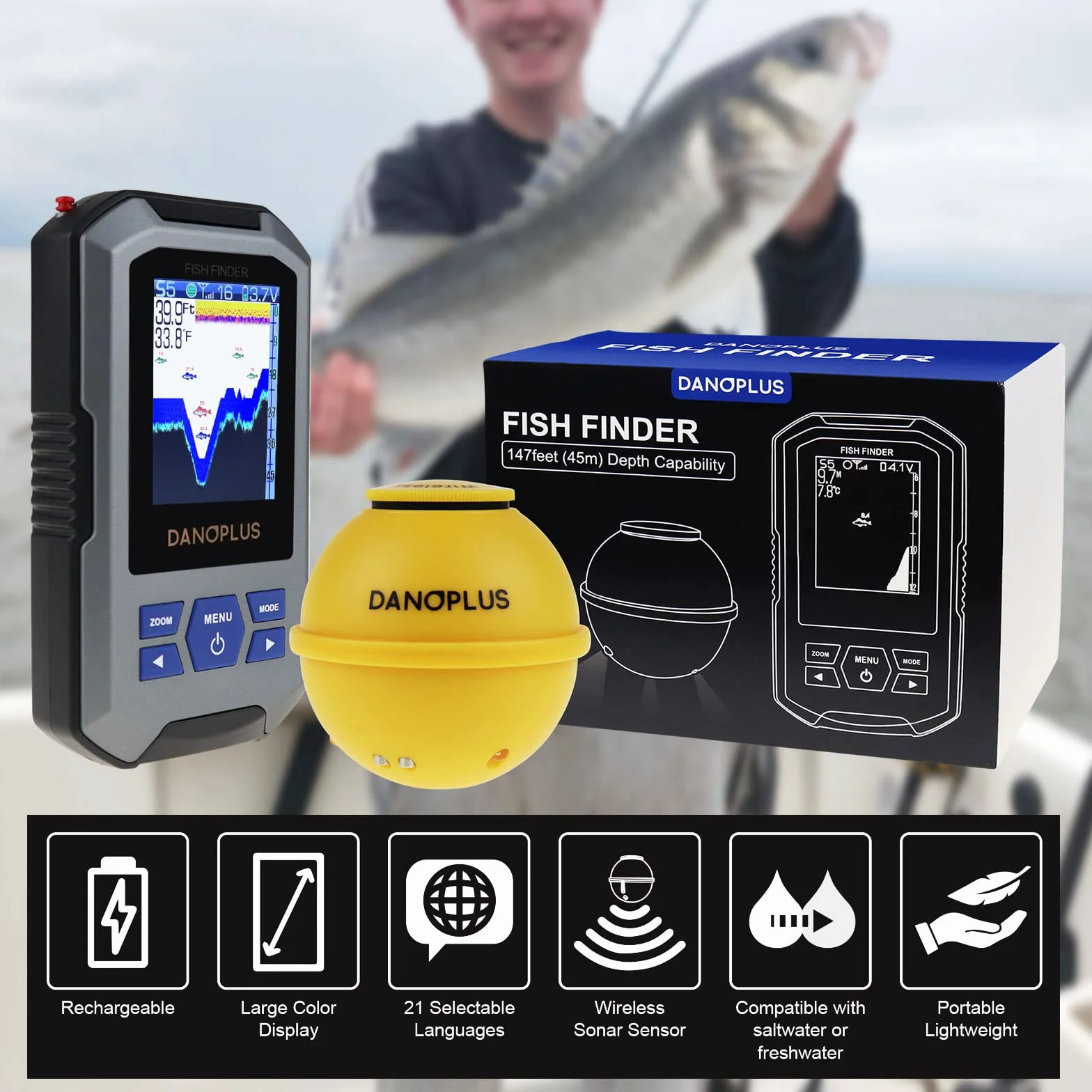Buscador de peces inalámbrico portátil con sensor de sonar de 155 pies, detección de profundidad recargable