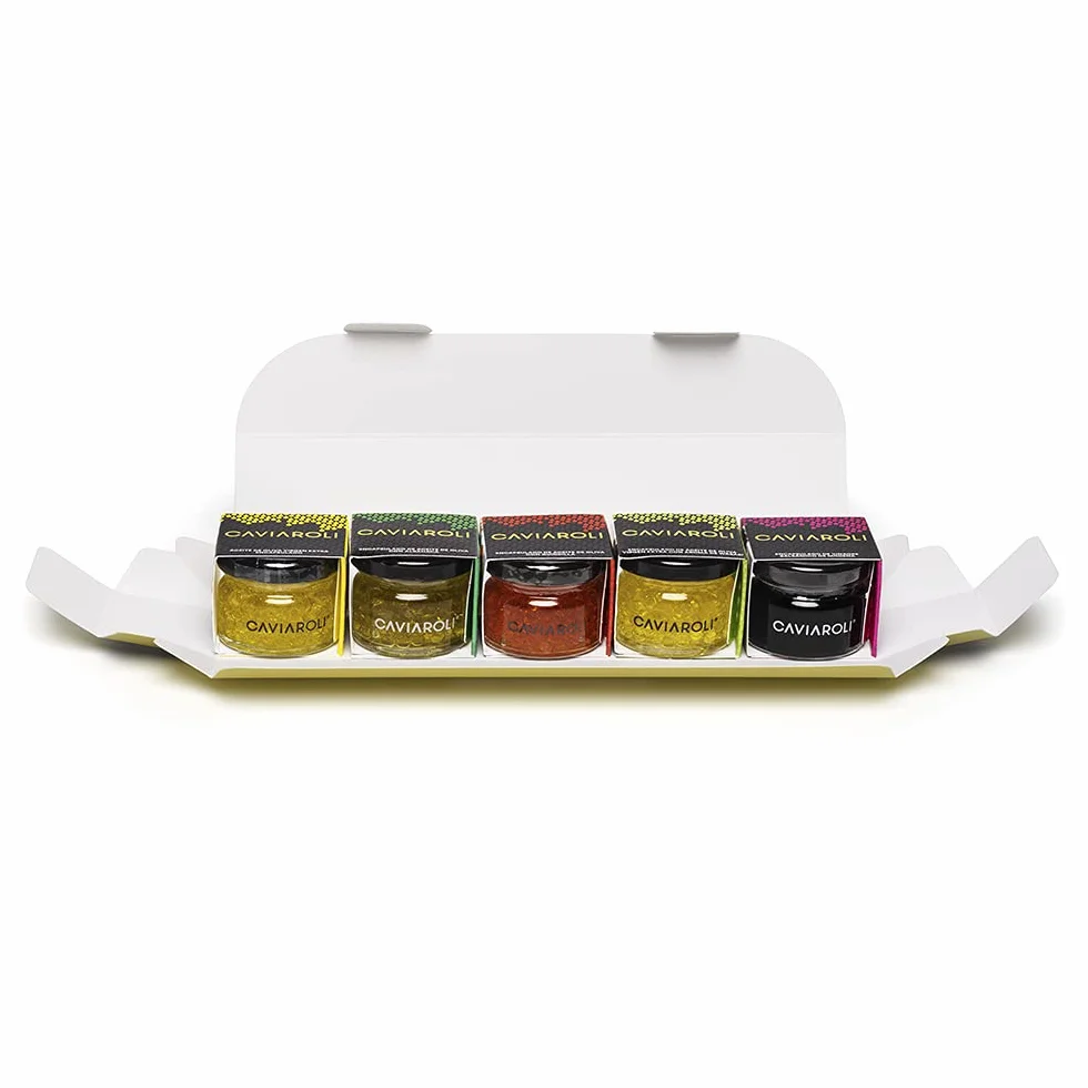 Caviaroli - Encapsulado de Aceite de Oliva y Vinagre - Perlas de Aceite Gourmet para Aliño o Decoración - Pack de 5 sabores, Virgen Extra, Guindilla, Albahaca Wasabi y Vinagre de Módena - 5x20 g