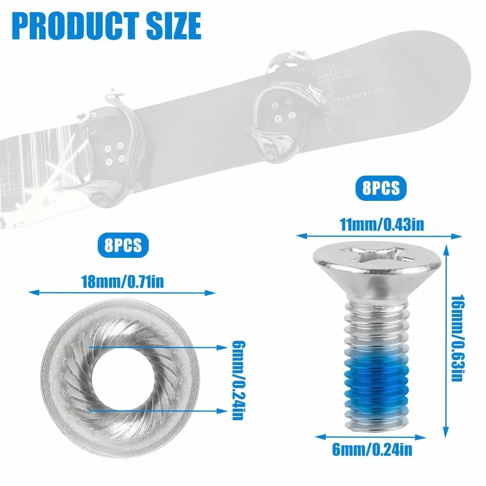 Tornillos de fijación Snowboard Acero Inoxidable M6 x 17 mm Cabeza avellanada con Arandelas Juego 16
