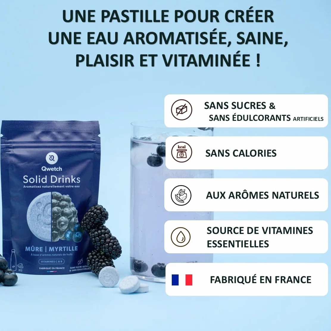 Qwetch – Solid Drinks – Moras y arándanos – Vitaminas C & B – 12 pastillas