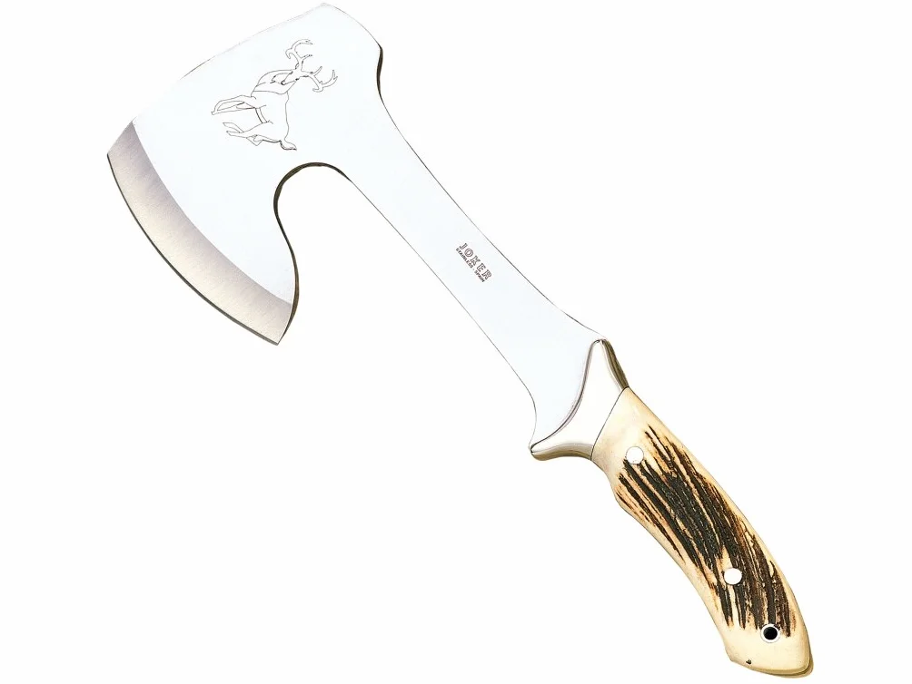 Joker Hacha montera Cazador HC00, 21 cm, Mango asta ciervo, Funda cuero, Caza, Pesca, Camping