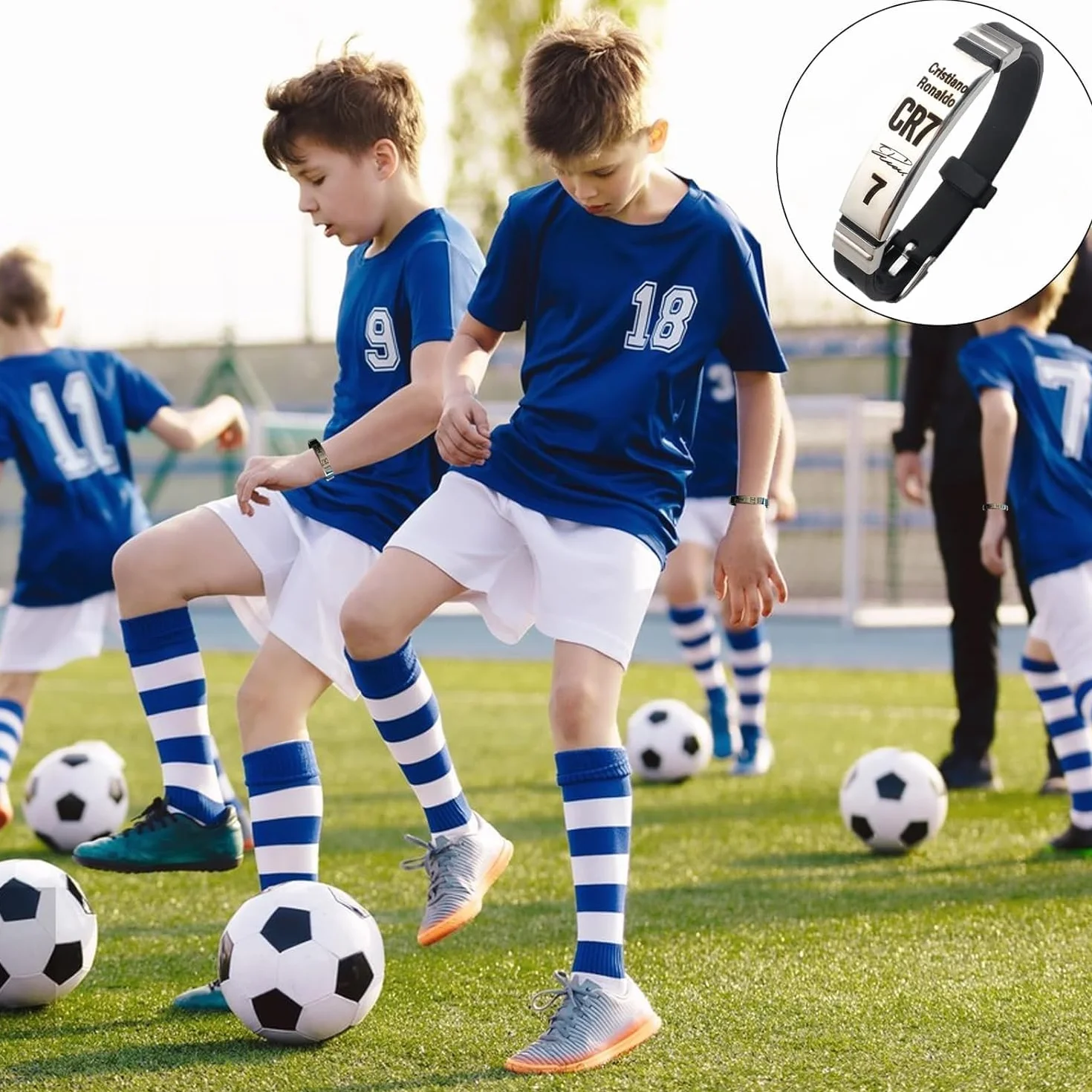 Pulsera de estrella de fútbol Cr7 para niños, regalo de fútbol (plata + collar)